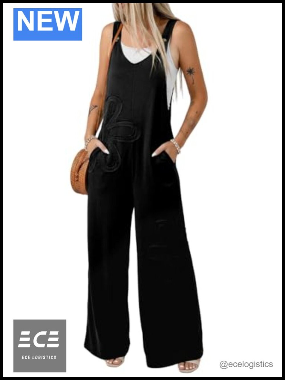 Wide Leg Floral Embroidered Jumpsuit Overalls with Pockets